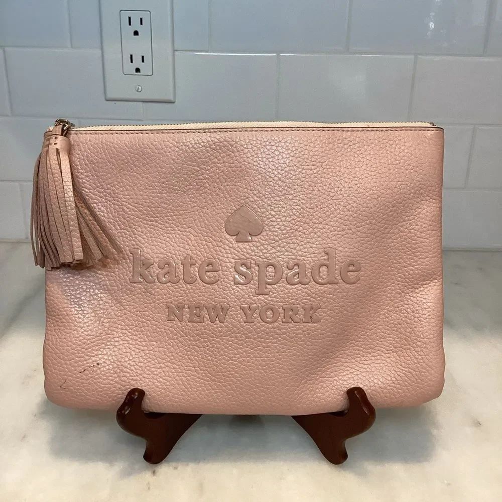 Kate Spade Bag Leather Pink Sienne Logo Large Pebbled Tassel Pouch Clutch
